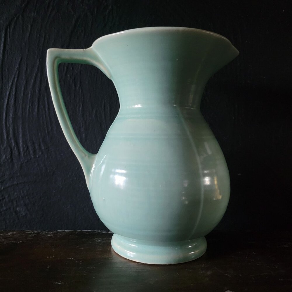 Vintage Light Green USA Pottery Pitcher With Flared Rim Design Marked #548